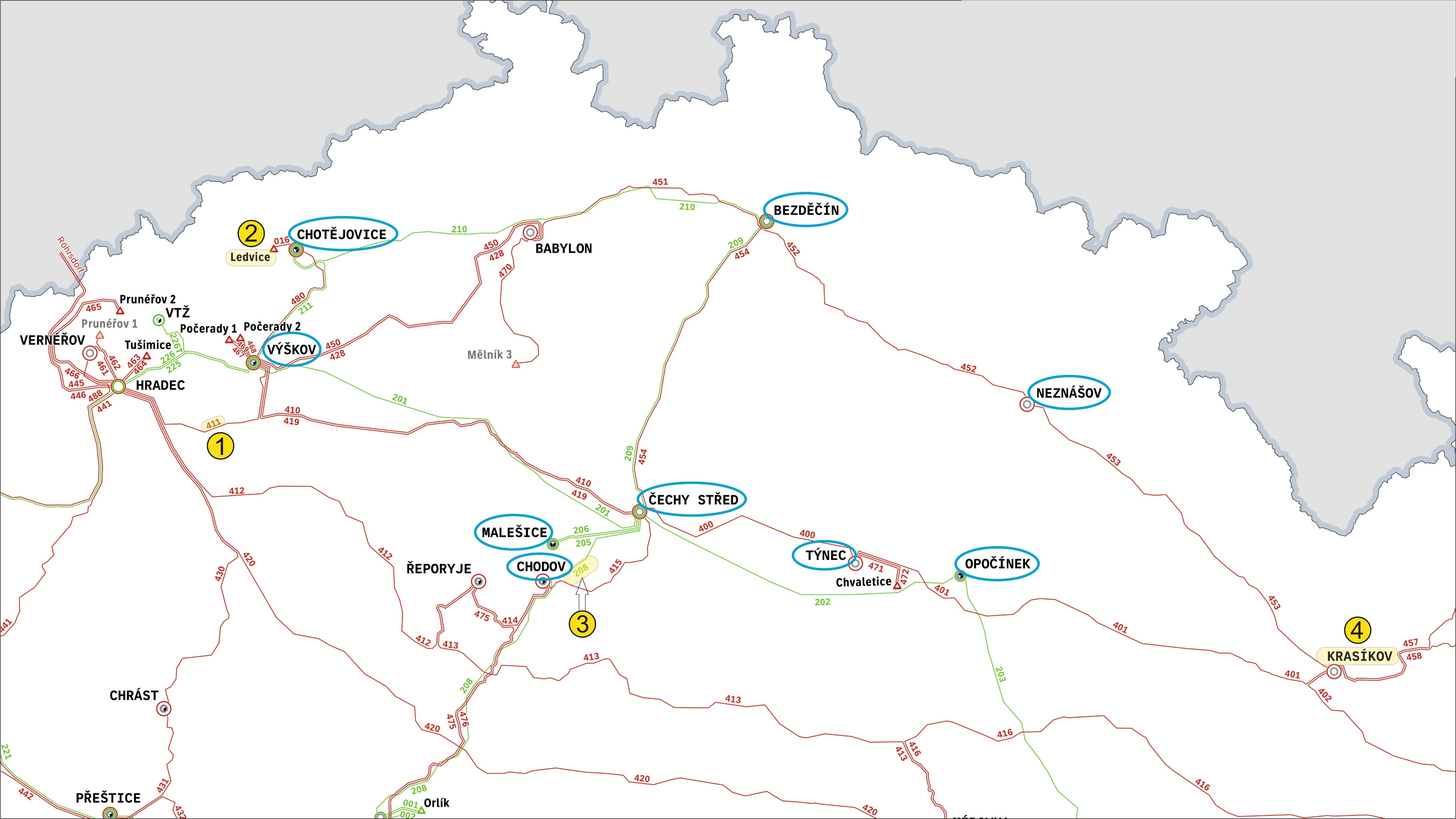 Mapa postižené části sítě