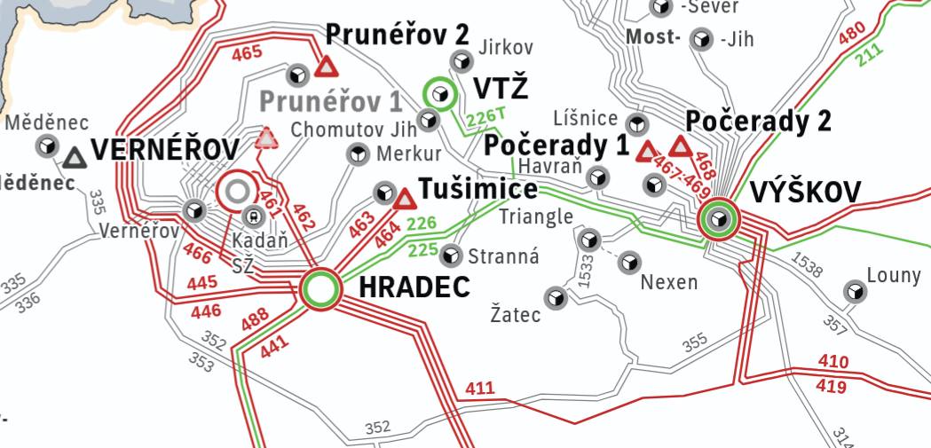 Na mapě vidíte rozvodnu Hradec a Výškov včetně jednoduchého propojení 411.